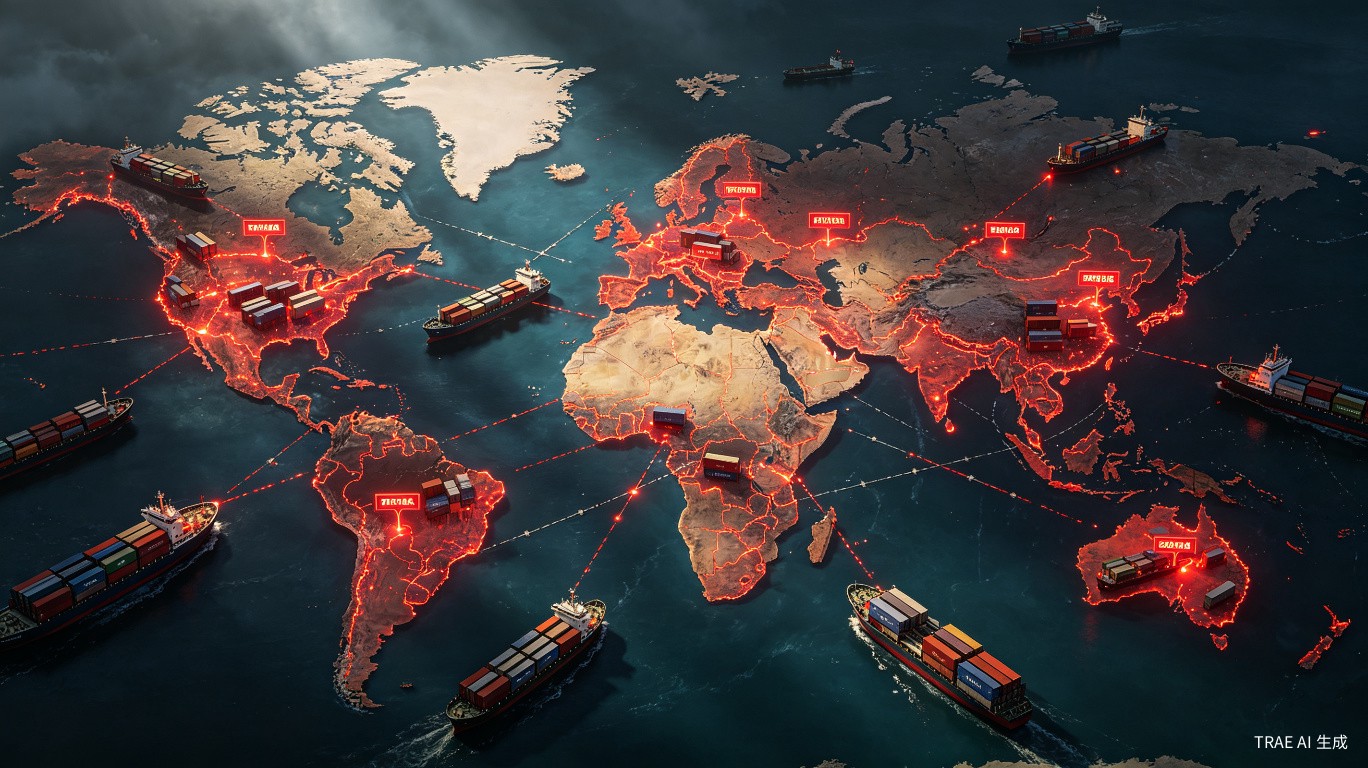 World map showing disrupted global trade routes and tariff barriers with shipping containers and cargo ships