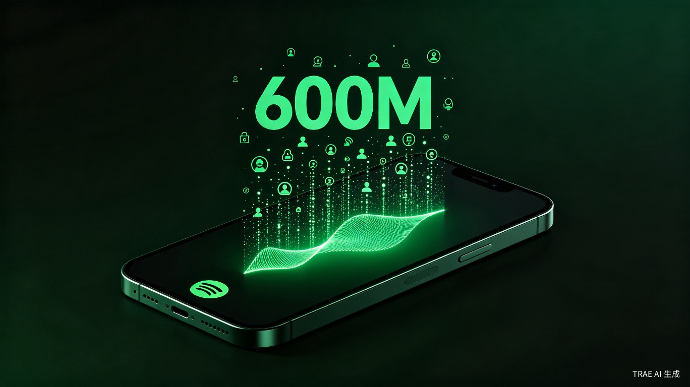 Spotify hits 600 million monthly active users, digital illustration showing music streaming milestone with glowing waveform